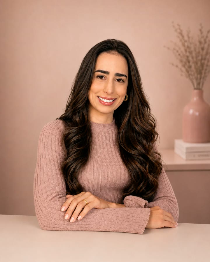 Gabriella Batista sorrindo, de blusa rosa